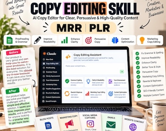Könnte beinhalten: Eine digitale Grafik mit dem Text Claude AI Copy Editing Skill, MRR und PLR. Sie zeigt einen Laptop-Bildschirm mit einer Bearbeitungsoberfläche, umgeben von Textfeldern mit Vorher-Nachher-Beispielen, Funktionslisten und Symbolen für Blogbeiträge, Marketingtexte, Social-Media-Beiträge, E-Mails und Website-Inhalte.