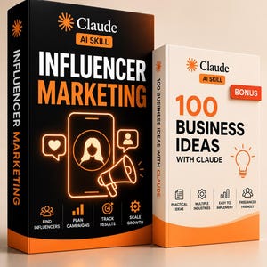 May include: Two rectangular books with orange and black covers. The larger book is titled Claude AI Skill Influencer Marketing, featuring a smartphone icon, megaphone, and growth icons. The smaller book is titled 100 Business Ideas With Claude.