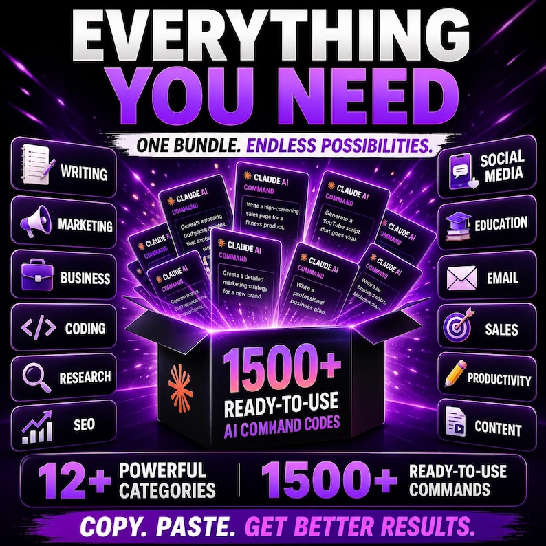 1500+ Claude AI Command Codes Bundle, Copy & Paste AI Prompts, AI Prompt Library, Instant Download, Productivity Toolkit image 3