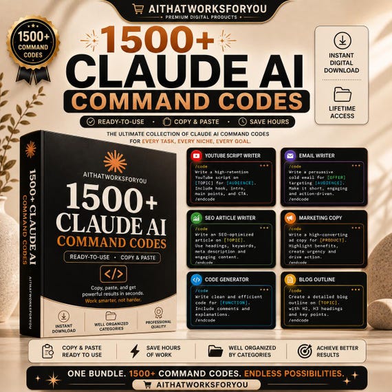 1500+ Claude AI Command Codes Bundle, Copy & Paste AI Prompts, AI Prompt Library, Instant Download, Productivity Toolkit