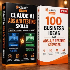 May include: Two books titled Claude AI Ads A/B Testing Skills and 100 Business Ideas for Ads A/B Testing Services. The black book features A/B testing graphics and conversion rates. The white book includes a bonus label and icons for business growth.