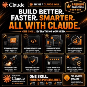 May include: A black and orange infographic titled Claude, featuring the text Build Better, Faster, Smarter, All With Claude. It displays eight icons representing services like stunning designs, clean code, responsive layouts, and SEO performance.