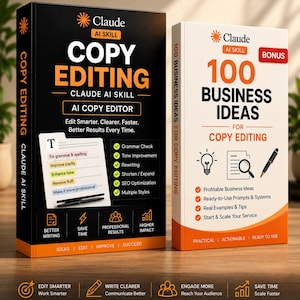 May include: Two books titled Claude AI Skill Copy Editing and 100 Business Ideas for Copy Editing. The black book lists features like grammar check and SEO optimization. The white book highlights profitable business ideas and ready-to-use prompts.
