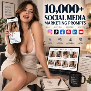 Può includere: Una risorsa di marketing digitale intitolata 10,000+ Social Media Marketing Prompts con icone per Instagram, TikTok, Facebook, Pinterest, LinkedIn e YouTube, un portatile che mostra categorie di pianificazione dei contenuti e una tazza nera con testo.