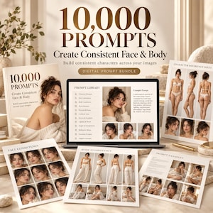 May include: A digital prompt bundle featuring a laptop displaying a prompt library and character reference sheets. The collection includes printed guides titled 10,000 Prompts Create Consistent Face & Body, showcasing various character poses and portraits.