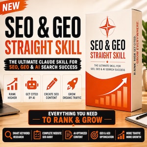 Peut inclure: Une boîte de produit blanche et orange intitulée SEO & GEO STRAIGHT SKILL, présentant une icône de boussole, un graphique à barres ascendant et du texte détaillant la compétence Claude pour le succès en recherche SEO, GEO et IA.