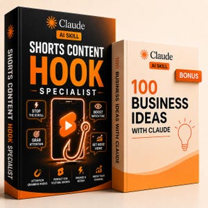 Puede incluir: Dos libros titulados Claude AI Skill. El libro negro más grande se titula Shorts Content Hook Specialist con texto e iconos naranjas. El libro color crema más pequeño se titula 100 Business Ideas With Claude y presenta un icono de bombilla naranja.