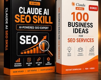 Puede incluir: Dos portadas de libros digitales tituladas Claude AI SEO Skill y 100 Business Ideas for SEO Services. La portada negra presenta una lupa sobre un gráfico de crecimiento SEO. La portada blanca incluye iconos para ideas de nicho y audiencia.