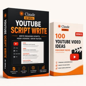 Könnte beinhalten: Eine schwarze Box mit dem Titel Claude AI Skill Youtube Script Write in orangefarbenem Text und eine weiße Box mit dem Titel 100 Youtube Video Ideas mit orangefarbenen Akzenten. Beide zeigen Symbole, Text zum Schreiben und ein YouTube-Logo.