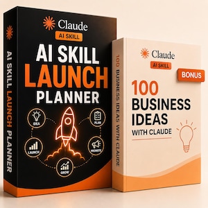 Puede incluir: Dos libros rectangulares con marca en naranja y negro. El libro negro más grande se titula AI SKILL LAUNCH PLANNER con un gráfico de cohete. El libro color crema más pequeño se titula 100 BUSINESS IDEAS WITH CLAUDE e incluye una etiqueta de bono.