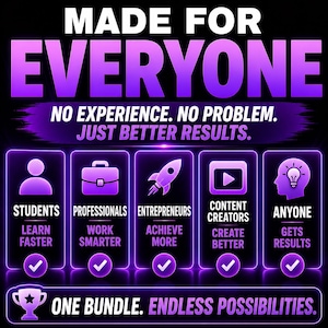 May include: A digital graphic with a black background and purple neon accents featuring the text MADE FOR EVERYONE, NO EXPERIENCE. NO PROBLEM. JUST BETTER RESULTS. It lists five categories: STUDENTS, PROFESSIONALS, ENTREPRENEURS, CONTENT CREATORS, and ANYONE.