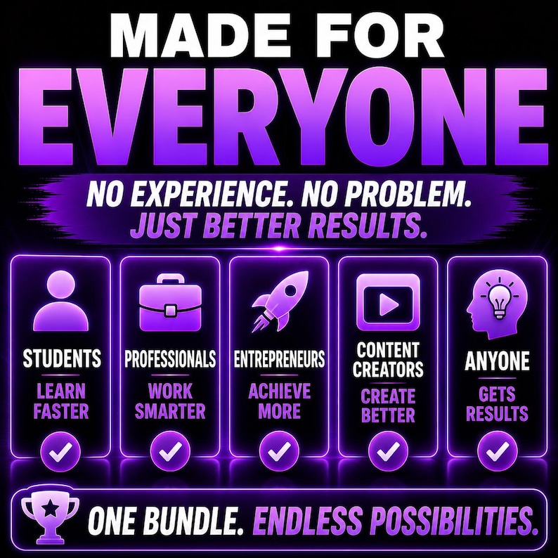 May include: A digital graphic with a black background and purple neon accents featuring the text MADE FOR EVERYONE, NO EXPERIENCE. NO PROBLEM. JUST BETTER RESULTS. It lists five categories: STUDENTS, PROFESSIONALS, ENTREPRENEURS, CONTENT CREATORS, and ANYONE.
