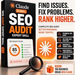 Könnte beinhalten: Eine schwarze Box mit der Aufschrift Claude AI Skill SEO Audit Expert Skill und einer weißen Karte, die einen SEO-Gesundheitswert von 85/100 anzeigt. Der Text lautet Find Issues. Fix Problems. Rank Higher. Complete SEO Audit. Better Rankings. More Traffic.