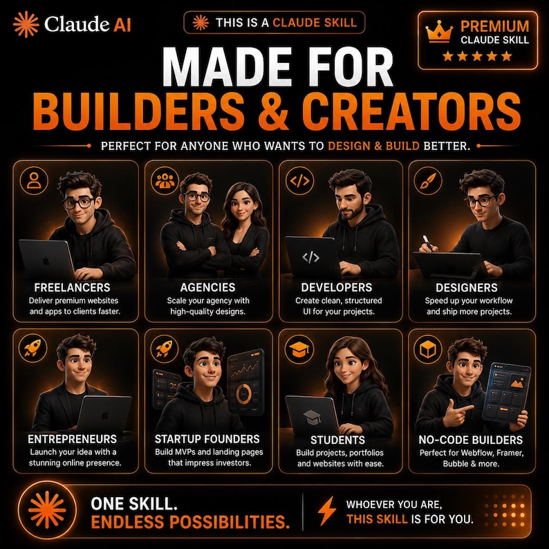 May include: A digital infographic titled Claude AI Made for Builders & Creators, featuring eight illustrated panels of professionals using technology. Each panel includes icons, labels like Freelancers and Developers, and descriptive text.