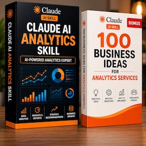 May include: Two books standing upright. The black book is titled Claude AI Analytics Skill with orange text and graphics of charts. The white book is titled 100 Business Ideas for Analytics Services with orange accents and icons for practical ideas.