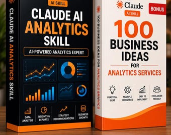 Könnte beinhalten: Zwei aufrecht stehende Bücher. Das schwarze Buch trägt den Titel Claude AI Analytics Skill mit orangefarbenem Text und Diagrammen. Das weiße Buch trägt den Titel 100 Business Ideas for Analytics Services mit orangefarbenen Akzenten und Symbolen.