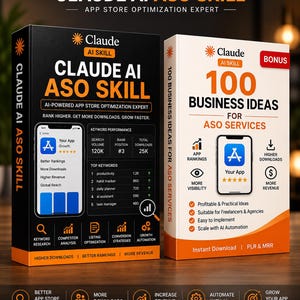 May include: Two rectangular product boxes titled Claude AI ASO Skill and 100 Business Ideas for ASO Services. The black box displays app store optimisation data, keyword performance, and icons. The white box features a bonus label and business icons.