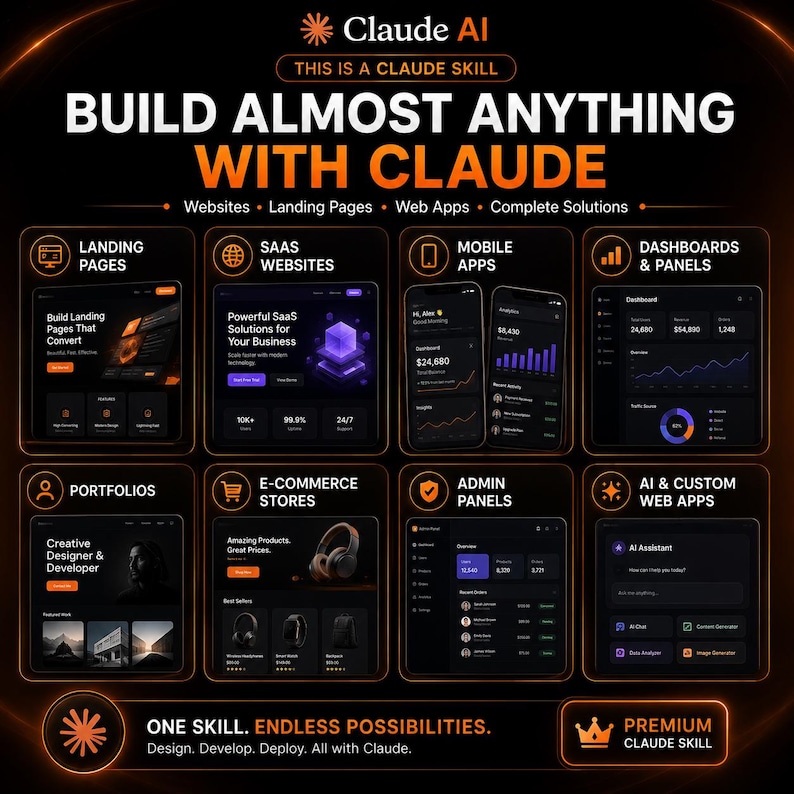 May include: A black infographic titled Build Almost Anything With Claude, featuring eight orange-bordered boxes showcasing digital project examples like landing pages, SaaS websites, mobile apps, dashboards, portfolios, e-commerce stores, admin panels, and AI web apps.