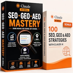 Può includere: Un libro nero intitolato SEO GEO AEO MASTERY con testo arancione e un grafico a lente d'ingrandimento, accanto a un libro bianco intitolato 100 SEO, GEO & AEO STRATEGIES WITH CLAUDE AI. Entrambi i libri presentano il logo Claude AI Skill e accenti arancioni.