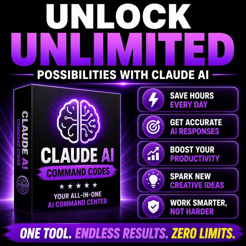 May include: A black box labeled CLAUDE AI COMMAND CODES with a glowing purple brain icon. The text reads UNLOCK UNLIMITED POSSIBILITIES WITH CLAUDE AI, SAVE HOURS EVERY DAY, GET ACCURATE AI RESPONSES, BOOST YOUR PRODUCTIVITY, SPARK NEW CREATIVE IDEAS, WORK SMARTER, NOT HARDER, ONE TOOL. ENDLESS RESULTS. ZERO LIMITS.
