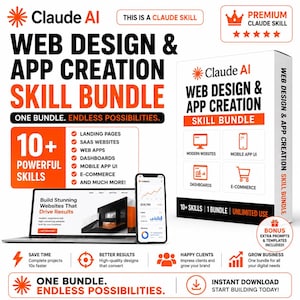 Könnte beinhalten: Ein digitales Produktpaket mit dem Titel Claude AI Web Design & App Creation Skill Bundle. Das Bild zeigt eine weiße Box, einen Laptop mit einer Website und ein Smartphone mit Analysedaten. Der Text umfasst 10+ Powerful Skills, One Bundle, Endless Possibilities und Bonus Extra Prompts & Templates Included.