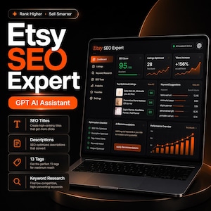 Puede incluir: Un ordenador portátil que muestra un panel de control de Etsy SEO Expert con una interfaz oscura, detalles en naranja y visualizaciones de datos. La pantalla muestra una puntuación SEO de 95, un aumento del 156% en visitas y sugerencias de palabras.