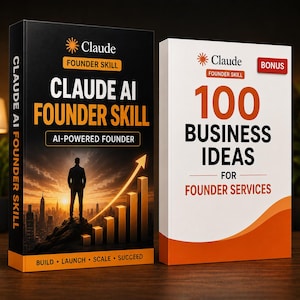 Może przedstawiać: Dwie książki zatytułowane Claude AI Founder Skill oraz 100 Business Ideas for Founder Services. Czarna książka przedstawia sylwetkę osoby stojącej na klifie nad miastem z wykresem słupkowym oraz napisem Build Launch Scale Succeed.