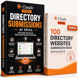 Puede incluir: Dos portadas de productos digitales con texto naranja y blanco sobre fondos negro y blanco. La portada negra más grande dice Claude AI Skill Directory Submissions, mientras que la blanca más pequeña dice 100 Directory Websites Submission Ideas.