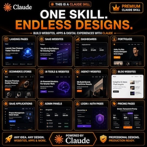 May include: A black and orange infographic titled "ONE SKILL. ENDLESS DESIGNS." showcasing twelve digital interface examples including landing pages, SaaS websites, dashboards, portfolios, ecommerce stores, AI tools, agency sites, blogs, apps, admin panels, login pages, and pricing pages.
