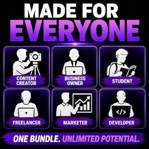 May include: A graphic with the text MADE FOR EVERYONE at the top and ONE BUNDLE. UNLIMITED POTENTIAL. at the bottom. It features six white icons on purple squares representing a content creator, business owner, student, freelancer, marketer, and developer.