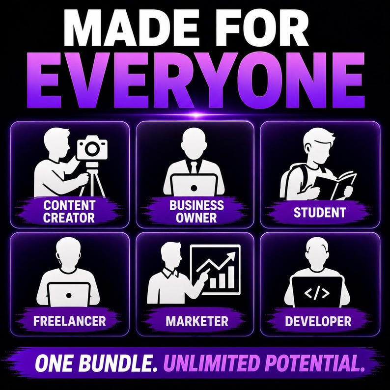 May include: A graphic with the text MADE FOR EVERYONE at the top and ONE BUNDLE. UNLIMITED POTENTIAL. at the bottom. It features six white icons on purple squares representing a content creator, business owner, student, freelancer, marketer, and developer.
