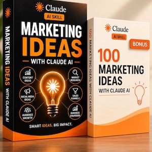 Puede incluir: Dos libros titulados Marketing Ideas with Claude AI. El libro negro presenta un icono de bombilla brillante y texto que incluye Content Ideas, Market Research, Social Media Ideas, Sales Funnels, Audience Growth y Business Strategies.