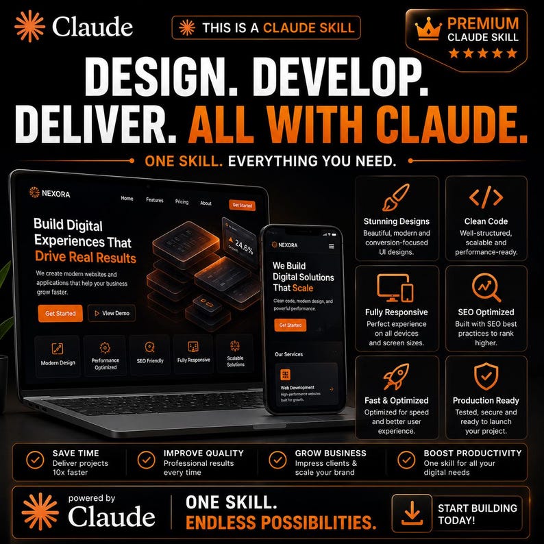 May include: A digital marketing graphic featuring a laptop and smartphone displaying a website with the text "Build Digital Experiences That Drive Real Results" and "We Build Digital Solutions That Scale" in orange and white on a black background.