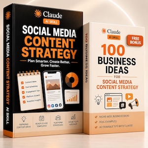 Puede incluir: Dos libros titulados Social Media Content Strategy y 100 Business Ideas for Social Media Content Strategy. El libro negro presenta un gráfico de teléfono inteligente y una lista de verificación, mientras que el blanco incluye una etiqueta de bono.