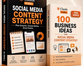 May include: Two books titled Social Media Content Strategy and 100 Business Ideas for Social Media Content Strategy. The black book features a smartphone graphic and checklist, while the white book includes a free bonus label and business icons.