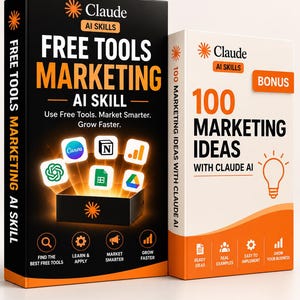 May include: Two rectangular books titled Claude AI Skills Free Tools Marketing and 100 Marketing Ideas with Claude AI. The black book features app icons and orange text, while the white book includes an orange lightbulb graphic and bonus label.