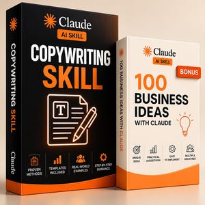 Może przedstawiać: Dwie prostokątne książki z pomarańczowymi i czarnymi okładkami. Większa czarna książka nosi tytuł Claude AI Skill Copywriting Skill z ikoną pióra. Mniejsza biała książka nosi tytuł Claude AI Skill 100 Business Ideas With Claude i ma etykietę bonus.