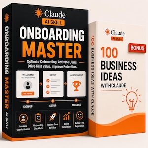 May include: Two rectangular books with black and white covers. The larger black book is titled Claude AI Skill Onboarding Master with orange text and icons. The smaller white book is titled 100 Business Ideas With Claude and features a lightbulb icon.