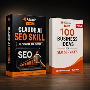 Può includere: Due copertine di prodotti digitali. La copertina nera presenta il testo 'Claude AI SEO Skill' con una grafica di un portatile che mostra un grafico SEO e una lente d'ingrandimento. La copertina bianca presenta il testo '100 Business Ideas for SEO Services'.