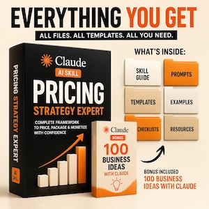 May include: A black box labeled Claude AI Skill Pricing Strategy Expert with a bar chart graphic, alongside a smaller white and orange book titled 100 Business Ideas With Claude. Six labeled file folders include Skill Guide, Prompts, Templates, Examples, Checklists, and Resources.