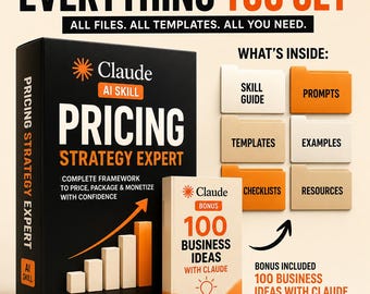 May include: A black box labeled Claude AI Skill Pricing Strategy Expert with a bar chart graphic, alongside a smaller white and orange book titled 100 Business Ideas With Claude. Six labeled file folders include Skill Guide, Prompts, Templates, Examples, Checklists, and Resources.