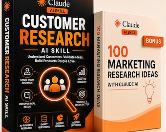 Könnte beinhalten: Zwei Bücher mit den Titeln Claude AI Skill Customer Research und 100 Marketing Research Ideas with Claude AI. Das schwarze Buch zeigt ein Lupensymbol und Text über Kundenverständnis, während das weiße Buch ein Bonus-Etikett enthält.