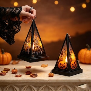 Halloween LED Pyramid Lantern, Hanging Spooky Table Ornament, Fall Home Decoration, Perfect Halloween Party Gift, Haunted Scene Nightlight