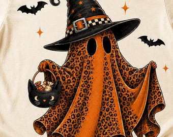 Leopard Ghost Witch PNG, Trick Or Treat Halloween Design, Sublimation Shirt, Spooky Fall Style