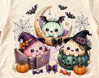 Kawaii Halloween PNG, Pumpkin Witch Bat, Character Fans, Sublimation Shirt, Pastel Whimsical Style