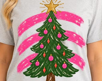 Retro Preppy Christmas Tree PNG Bundle, Pink Distressed Holiday Graphics (Digital Download)