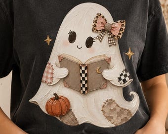 Patchwork Ghost PNG, Reading Book Club Pumpkin, Sublimation Shirt Design, spooky season ,hallowen png