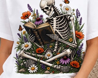 Reading Skeleton PNG, Wildflower Book Botanical, Book Lover Fans, Sublimation Shirt, Floral Vintage Style
