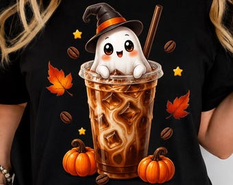 Iced Coffee Ghost PNG, Halloween Pumpkin Witch Hat, Fall Latte Sublimation Shirt Design
