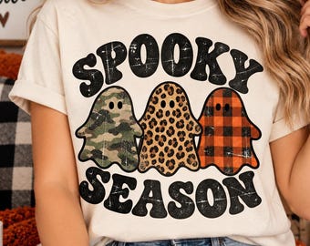 Spooky Season Ghosts PNG, Camo Leopard Plaid, Retro Halloween Sublimation Design, Digital Download